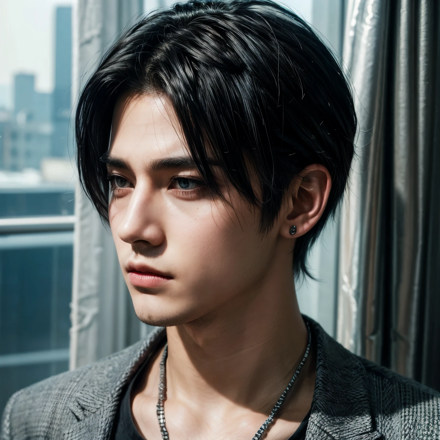 Male, grunge, e-boy, fox eyes, curtain short black hair style, diamond face, button nose, Clean face, american.