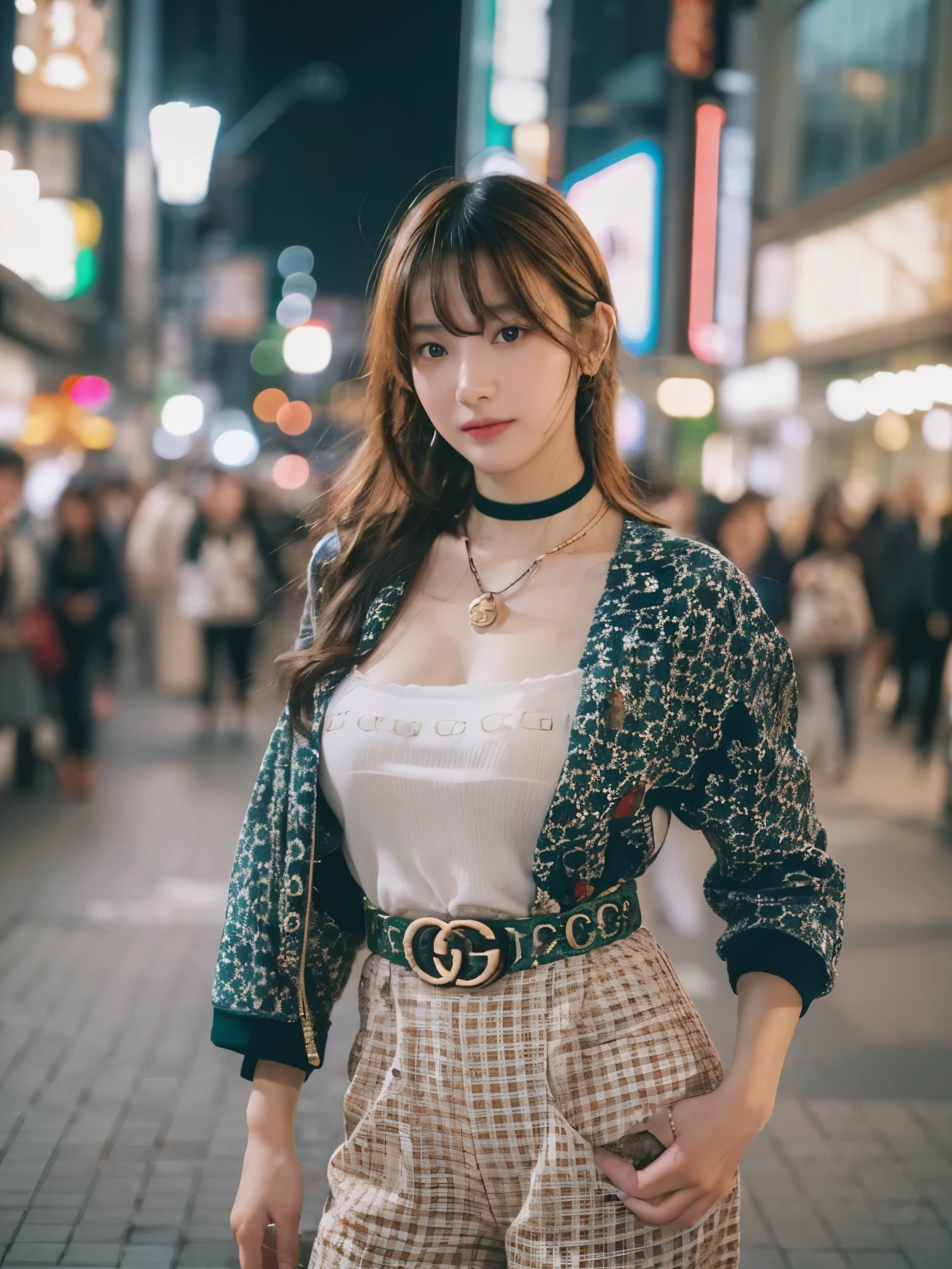smile, Photo realistic, High resolution, detailed background, detailed beautiful skin, detailed nose, soft lighting, (solo shot:1.23), (upper body:1.1), closed shot, (breast focused:1.3), looking at viewer, (((nice hand, perfect hand))), clear eyes,// japanese lady, pale skin, mega breasts, // (((wearing gucci setup))), street snap, ((facing viewer)), at the street tokyo, ((standing)),