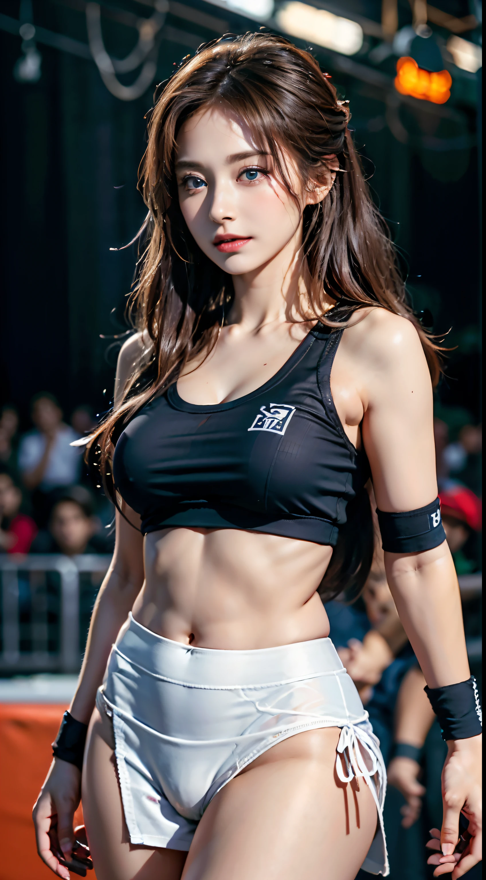 ((Master Pieces, melhor qualidade,absurdo)),autor：Shinkai sinceramente( 1 mulher,eu sou, cabelo longo e branco, 21 anos de idade,expressivos olhos azuis,seios enormes, seios enormes), Uniformes de torcida(((Mini Sleeveless Gym Top, saia plissada,calcinha branca de gravata lateral，Com um curativo, meias))) , College football field,other blurry buildings at the bottom of the image,  marking，College football field，College football field，College football field