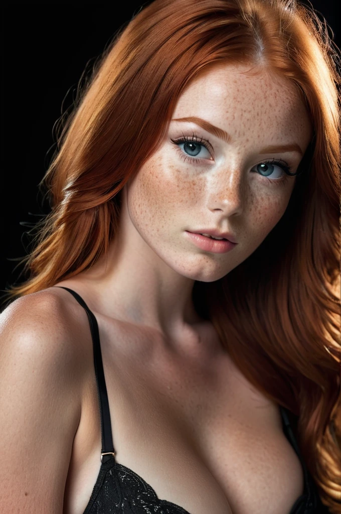 Professional photo of a beautiful young girl, beautiful face, glamor makeup, freckles, long red hair, thin body, large breasts, black bra, simple black background, eye contact, looking at viewer, masterpiece, best quality, perfect detail, perfect face detail,  perfect eye detail, perfect skin detail, depth of field, perfect lighting