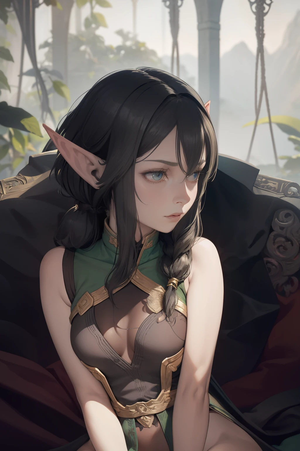 there is a woman with a elven ears sitting on a bed, pale pointed ears, she has elf ears, Side portrait of an elven beauty, elf, hair covers breasts, Looking Down,