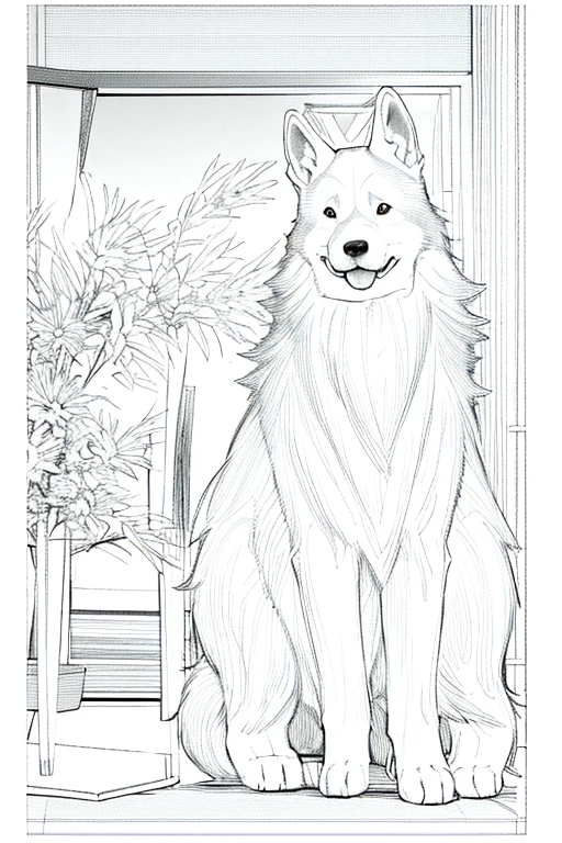 Akita breed dog, collie ou border collie, golden retriever, poodle
, linear,monochrome,cores vibrantes,soft lighting
