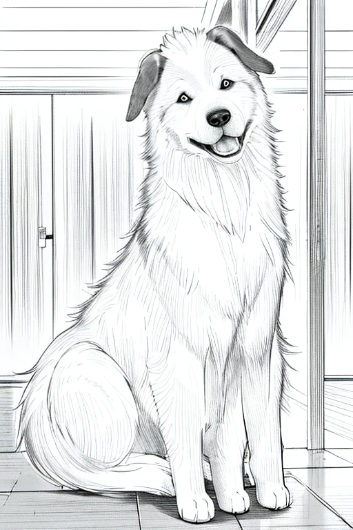 Akita breed dog, collie ou border collie, golden retriever, poodle
, linear,monochrome,cores vibrantes,soft lighting