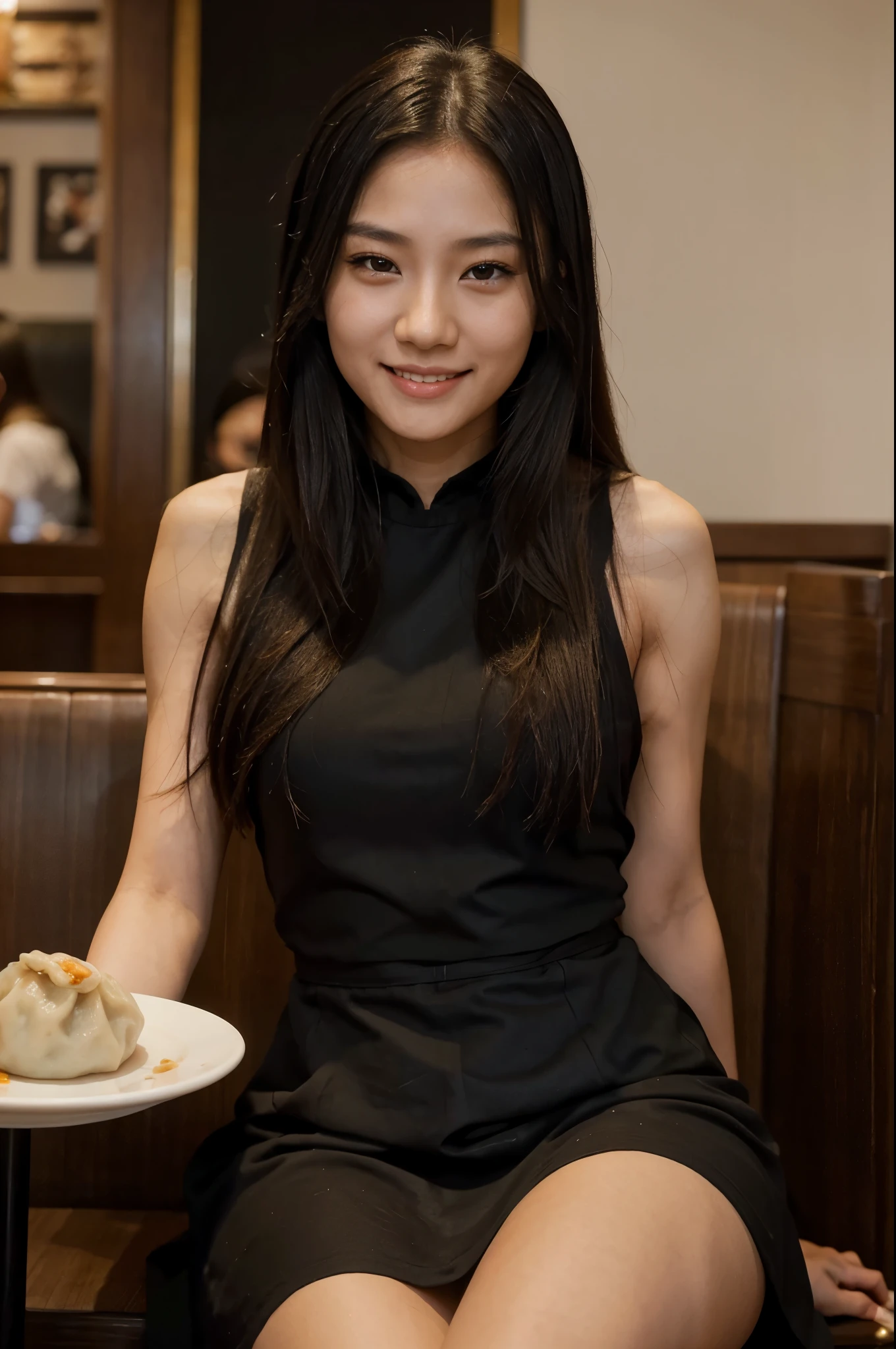 photo of an Asian girl, very pretty, , long hair, nice physique, thin, hairy armpits, wearing a long black dress, in an expensive restaurant, sitting at a table while eating steamed dumplings, hyper realistic, she is smiling while looking at her plate