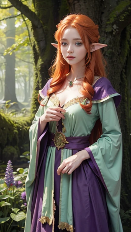 Elve with orange hair,with green eyes,soft beauty, dressing beautiful Wizard clothes,color clothes purple, inside enchanted forest Magic 