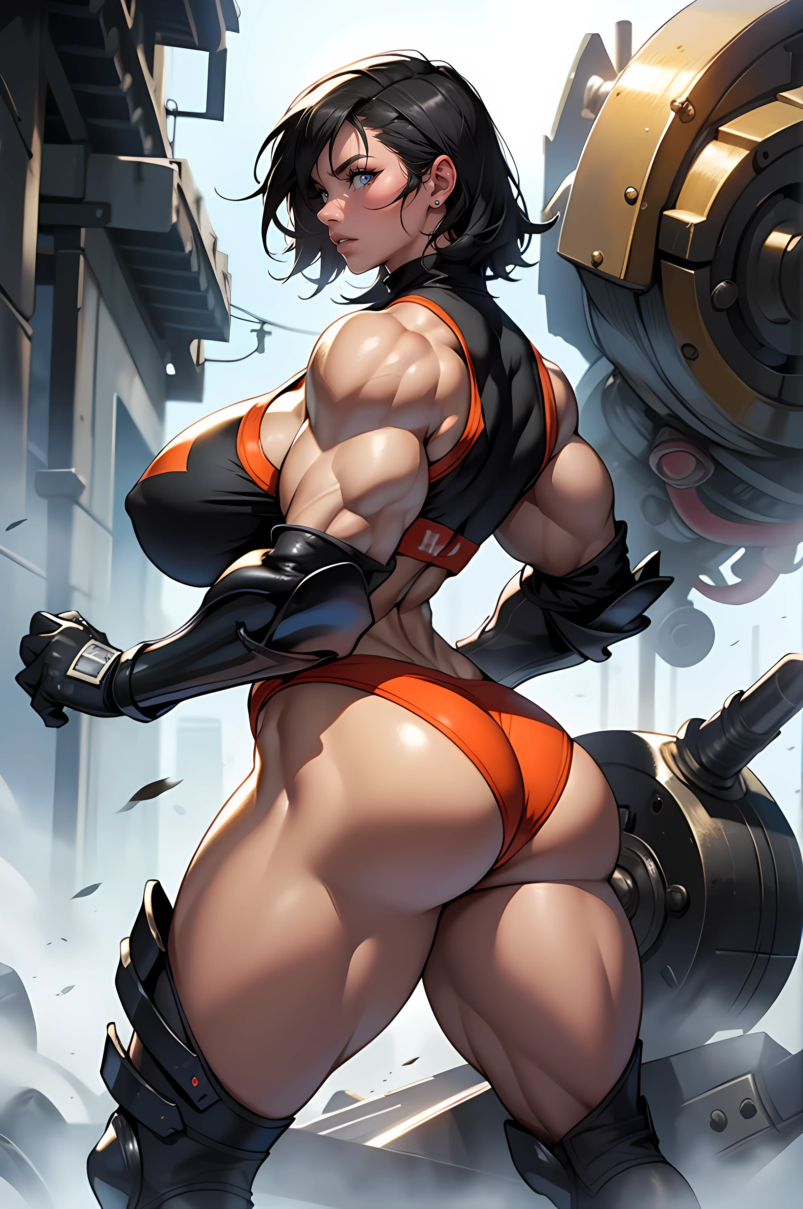 (High resolution, Pixels are perfect, luxurious illustration), (hyper quality, masutepiece, Ethereal: 1.4),(Solo:1.4), Black hair, Very short hair, Yellow eyes, (angry), pale skin, Woman, ((((A MILF)))), (((Blue Slim Bikini Armor))), (bikini), ((greybackground)), (Shiny skin), ((Back)), (((Looking back))), ((NSFW)), ((((huge glutes)))), (((accurate anatomy))), ((wide hips)), (((Huge breasts))), ((long legs)), (((Massive Female Bodybuilder))), ((((Muscular Legs)))), (((((Huge Muscles)))))