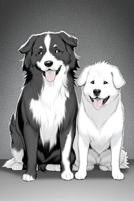        Akita breed dog, collie ou border collie, golden retriever, poodle
, linear,monochrome,cores vibrantes,soft lighting
