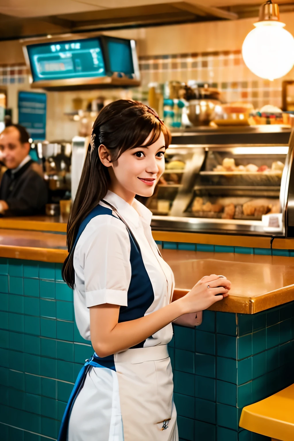 Generate an image of a young female waitress engaged in conversation with a customer at the diner counter.