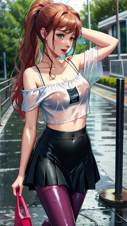SoakingWetClothes, Masterpiece, highest quality, monika, green eyes, brown hair, very long hair, ponytail, hair ribbon, casual clothes, dark purple crop top, off shoulder shirt, fishnet sleeves, skirt over leggings, soaking wet clothes, wet hair, wet body, wetlook, soaked, pouring rain, outside, running down the sidewalk, dripping wet, soaked clothes, wet clothes, wet fabric, soaking wet, small breasts, looking at camera, tongue out, mouth open, V sign