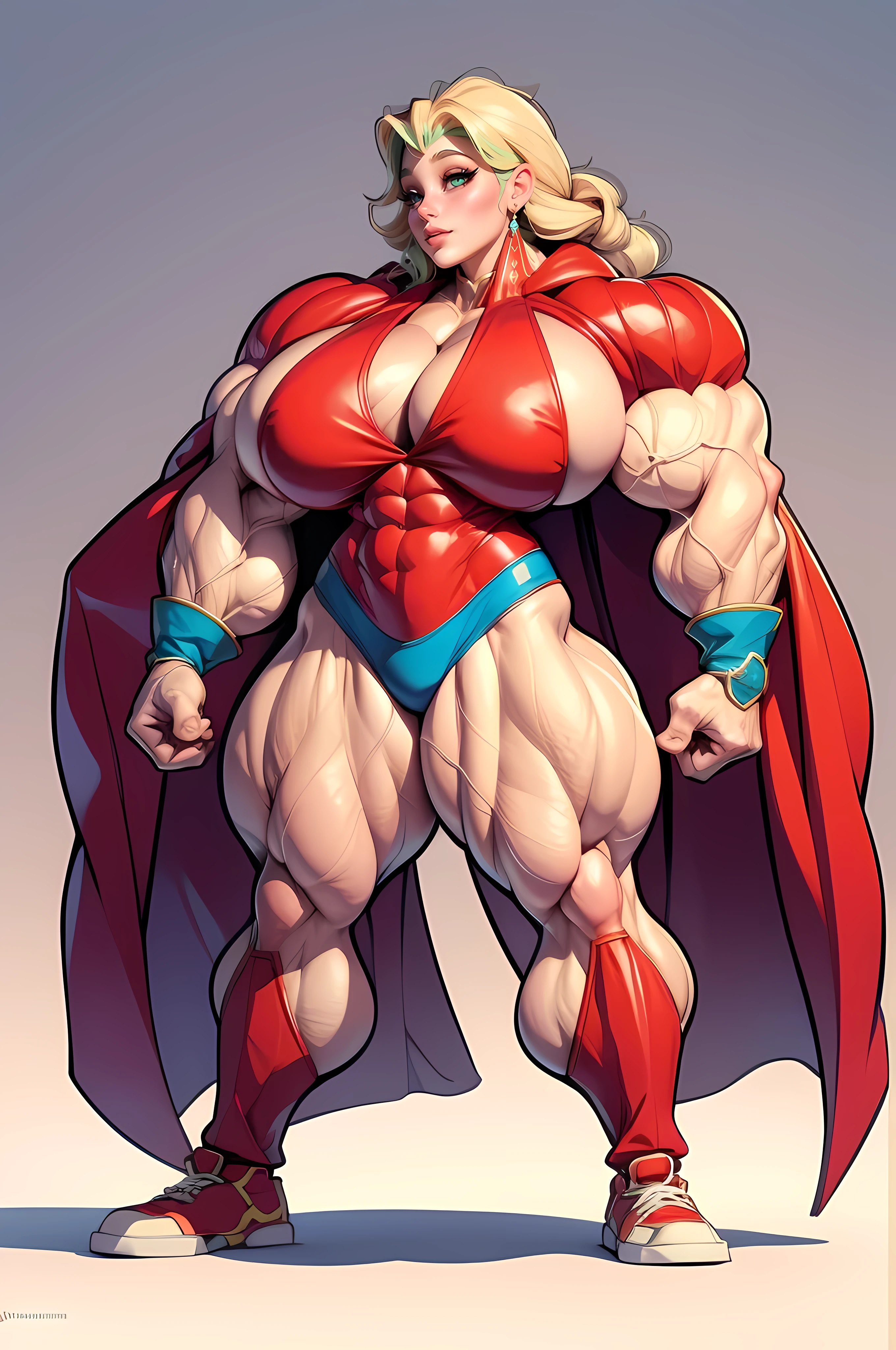 blond muscle woman with cornrows hair flexing muscles wearing superhero outfit with cape, (((Huge ))), muscle woman, big muscles, huge muscles, massive muscles, mature