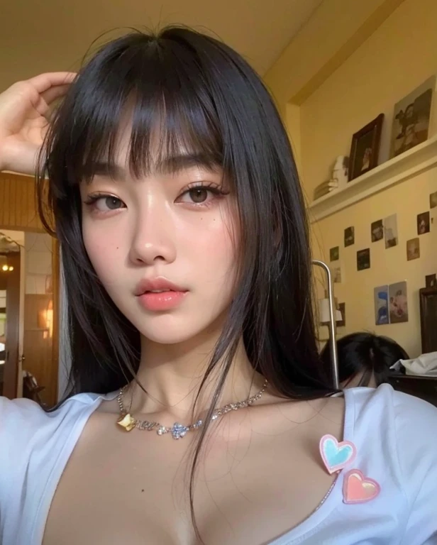 A closeup of a woman with long black hair wearing a bra, Coreano, características Asians, linda sul Mulher Coreano, linda jovem Mulher Coreano, beautiful Asian, asian face, jennie blackpink, 18 anos, bela jovem Mulher Coreano, Asian, korean symmetrical face, young lovely korean face, Asian beautiful face, Korean facial features, Mulher Coreano