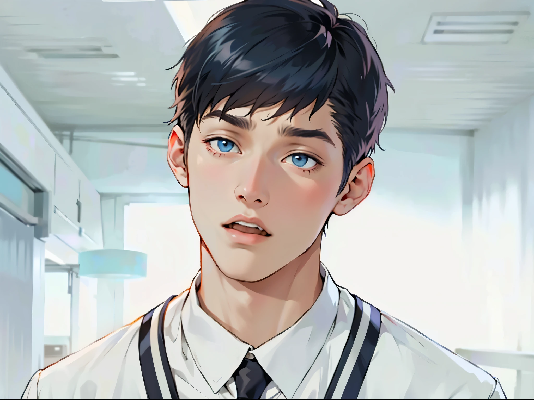 handsome young man of with silver hair blue clothes is surprised and upset speaks