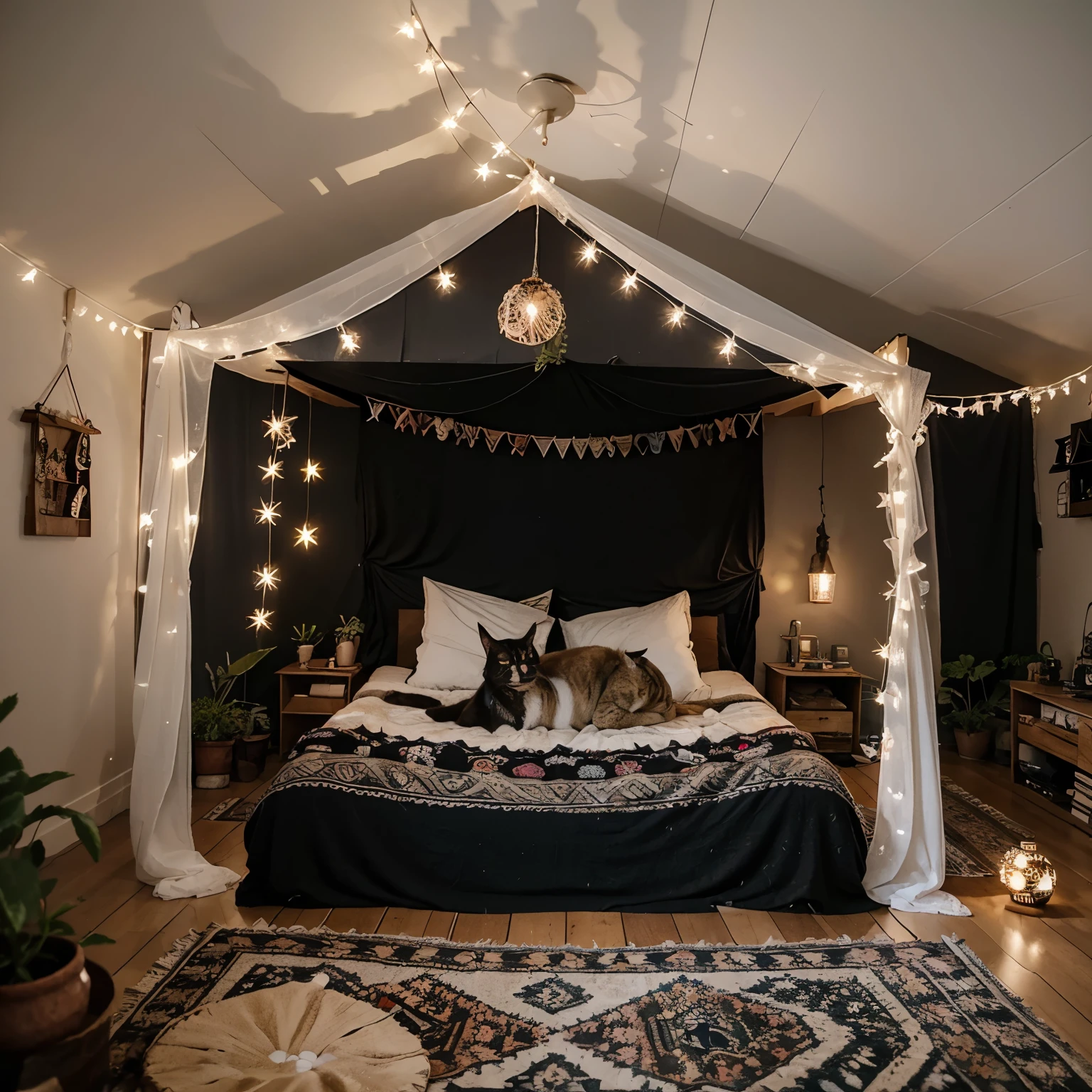 Ein Haus in Form eines Fliegenpilzes . Everything in the interior is decorated in hippie style and in the bedroom, which is decorated with mushroom fairy lights, there is a black cat with white paws and neck .Das Schlafzimmer ist im Hippie Style dekoriert