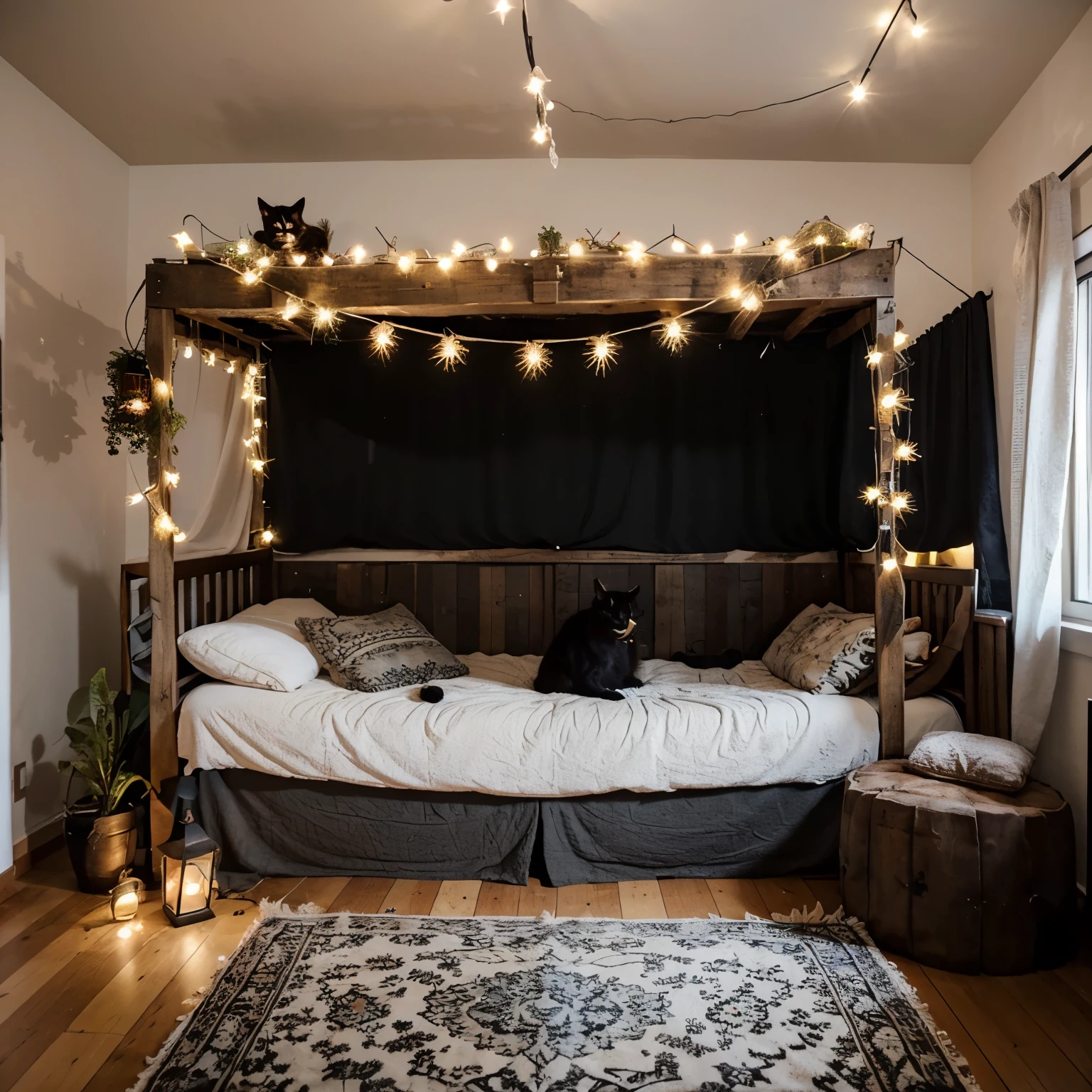 Ein Haus in Form eines Fliegenpilzes . Everything in the interior is decorated in hippie style and in the bedroom, which is decorated with mushroom fairy lights, there is a black cat with white paws and neck .Das Schlafzimmer ist im Hippie Style dekoriert