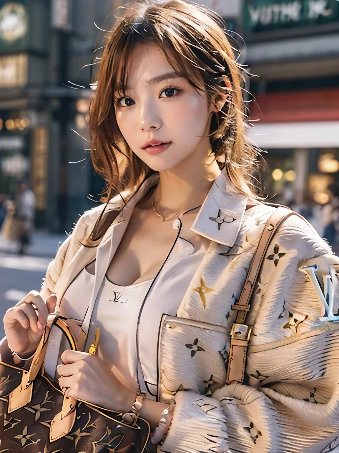 Photo realistic, High resolution, detailed background, detailed beautiful skin, detailed nose, soft lighting, (solo shot:1.23), (upper body:1.1), closed shot, (breast focused:1.3), looking at viewer, (((nice hand, perfect hand))), clear eyes,// japanese lady, pale skin, mega breasts, // (((wearing louis vuitton setup))), street snap, ((facing viewer)), at the street tokyo, ((standing)),