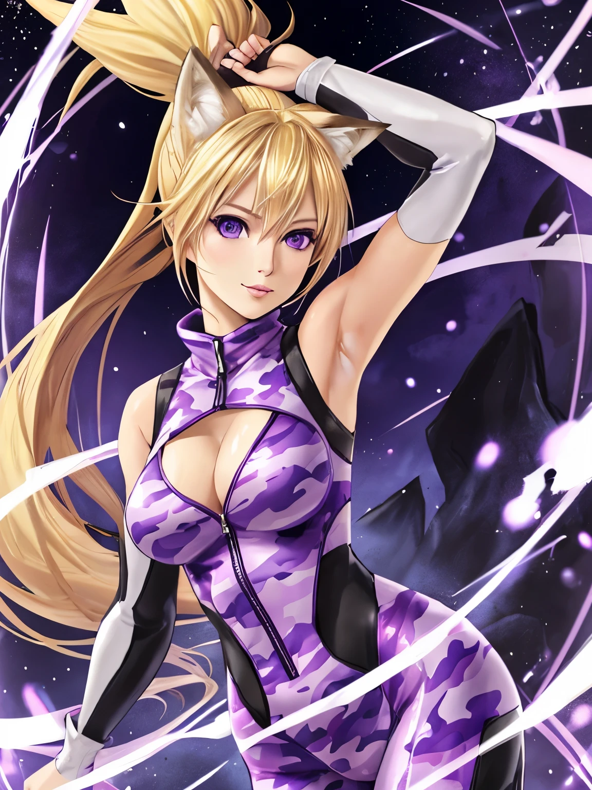 (hyperrealistic), a fox girl with a white fox tail, Sarah Fox, (blonde hair with ponytail), detailed purple eyes, happy, sleeveless purple camouflage Bodysuit, open cleavage, trained body, medium breasts