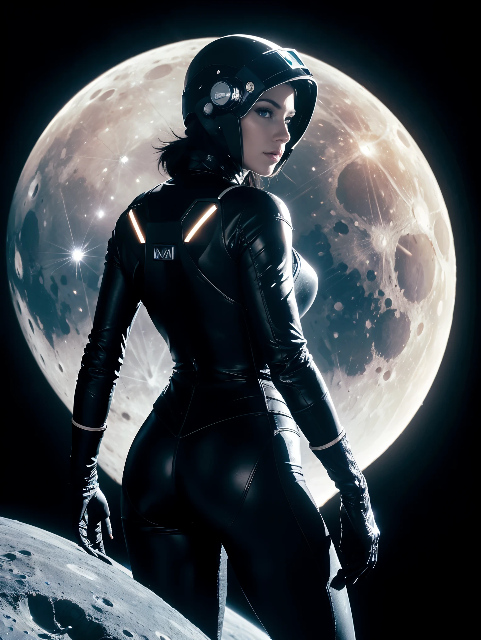 Masterpiece, UHD. A stargate on the moon. Casting light. From back, Next to the gate, an ultra hot gorgeous European woman, age 23, she’s a playmate, men magazine model. She wear a tight cyberpunk astronaut suit covering all her body. Her helmet is sealed. We can see her peaceful face through the helmet’s window. She looks at the rising earth from the moon surface.