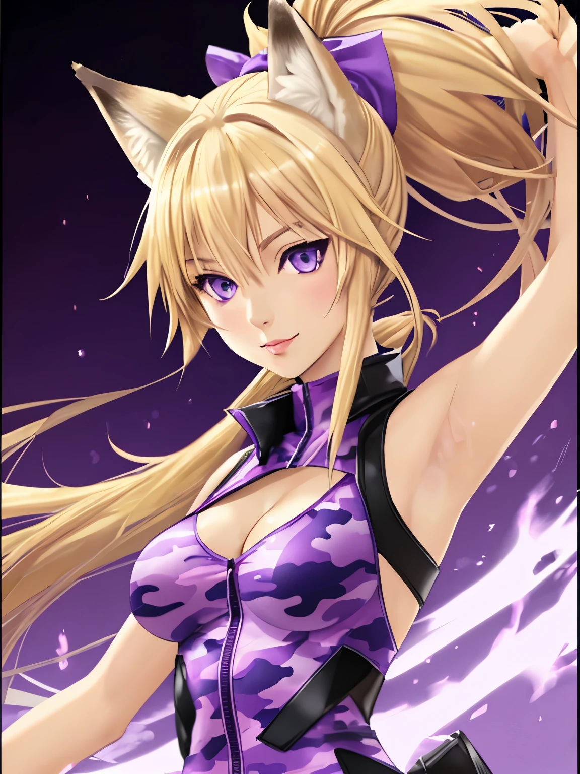 (hyperrealistic), a fox girl with a white fox tail, Sarah Fox, (blonde hair with ponytail), detailed purple eyes, happy, sleeveless purple camouflage Bodysuit, open cleavage, trained body, medium breasts