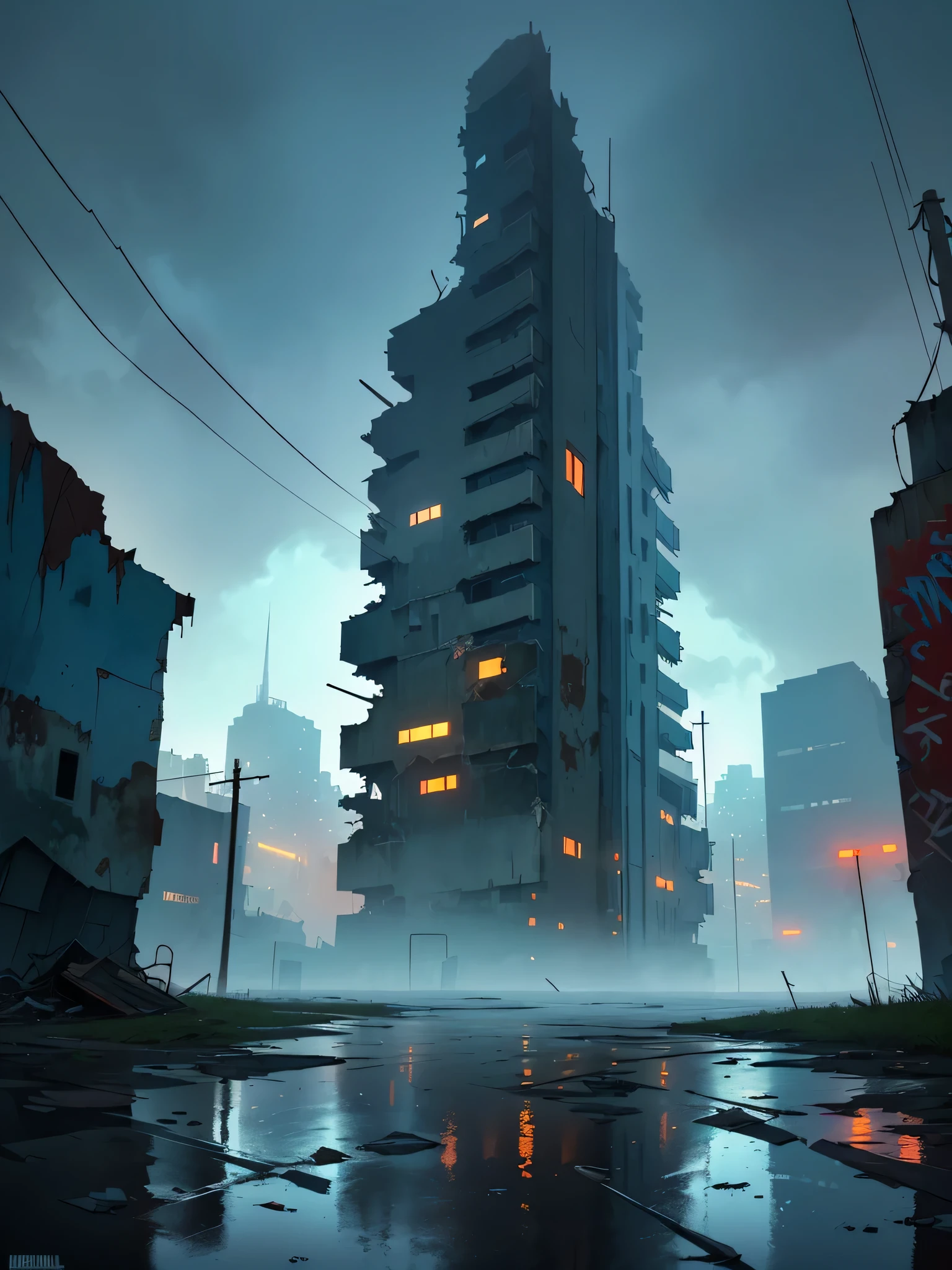 View from window. old abandoned mega city. dark. Post soviet. loneliness. Ruined soviet building. ruined antennas. dark windows. Brutalist architecture. Old graffitis. technoir. neonoir, blade runner vibes. Post apocalyptic environment. old air conditions. old water-pipes. rain, fog, night. wet road. hell