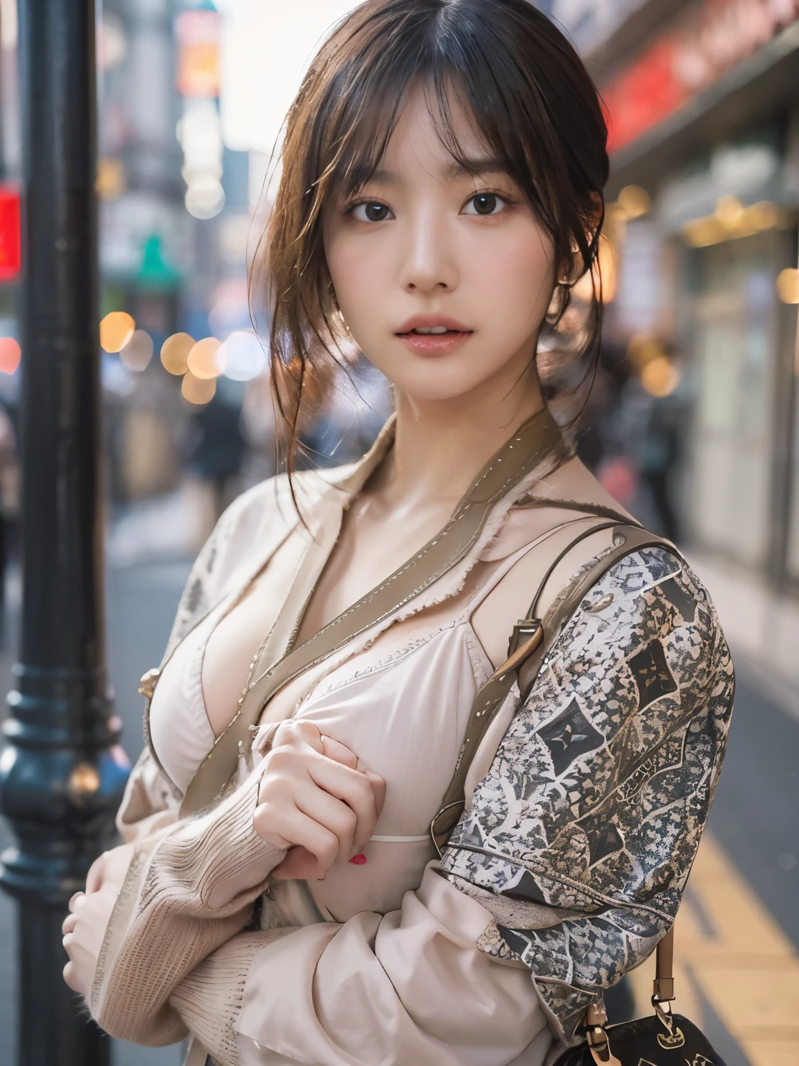 Photo realistic, High resolution, detailed background, detailed beautiful skin, detailed nose, soft lighting, (solo shot:1.23), (upper body:1.1), closed shot, (breast focused:1.3), looking at viewer, (((nice hand, perfect hand))), clear eyes,// japanese lady, pale skin, mega breasts, // (((wearing louis vuitton setup))), street snap, ((facing viewer)), at the street tokyo, ((standing)),