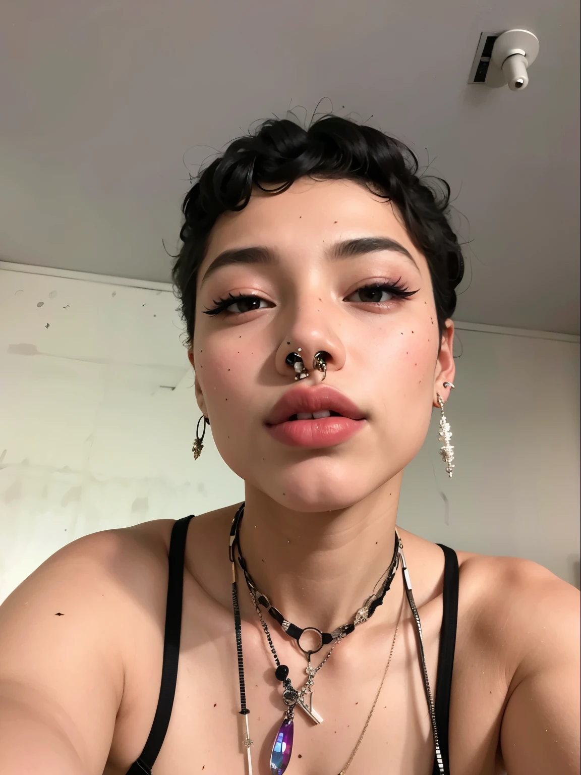 There is a woman with a nose piercing and a necklace, small lips, nariz pontudo, brincos enormes e maquiagem estranha, piercing septal, usando espinhos e piercings, piercings faciais, Piercings faciais, chrome piercings faciais, androgynous face, um non binary model épico, non binary model, androgynous person, colar de piercings