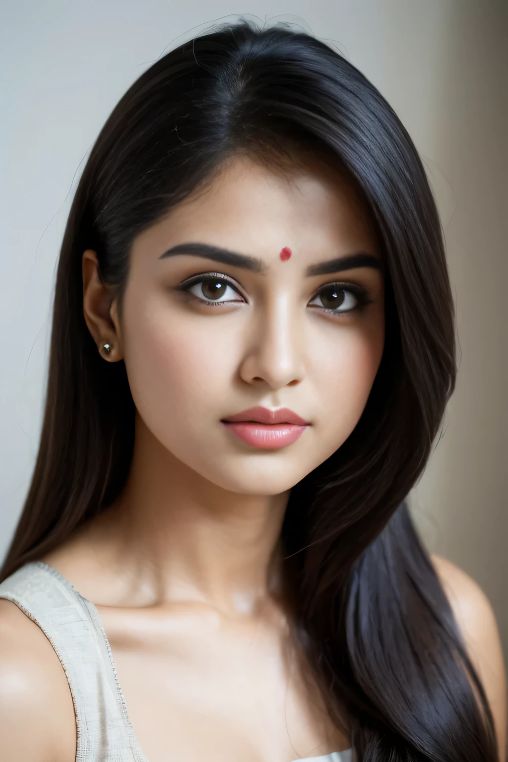headshot of A confident-looking indian 22 years old woman ,oval face ,medium black loose hair, brown eyes, smoky eyes, sharp nose, beautiful lips,looking straight in home