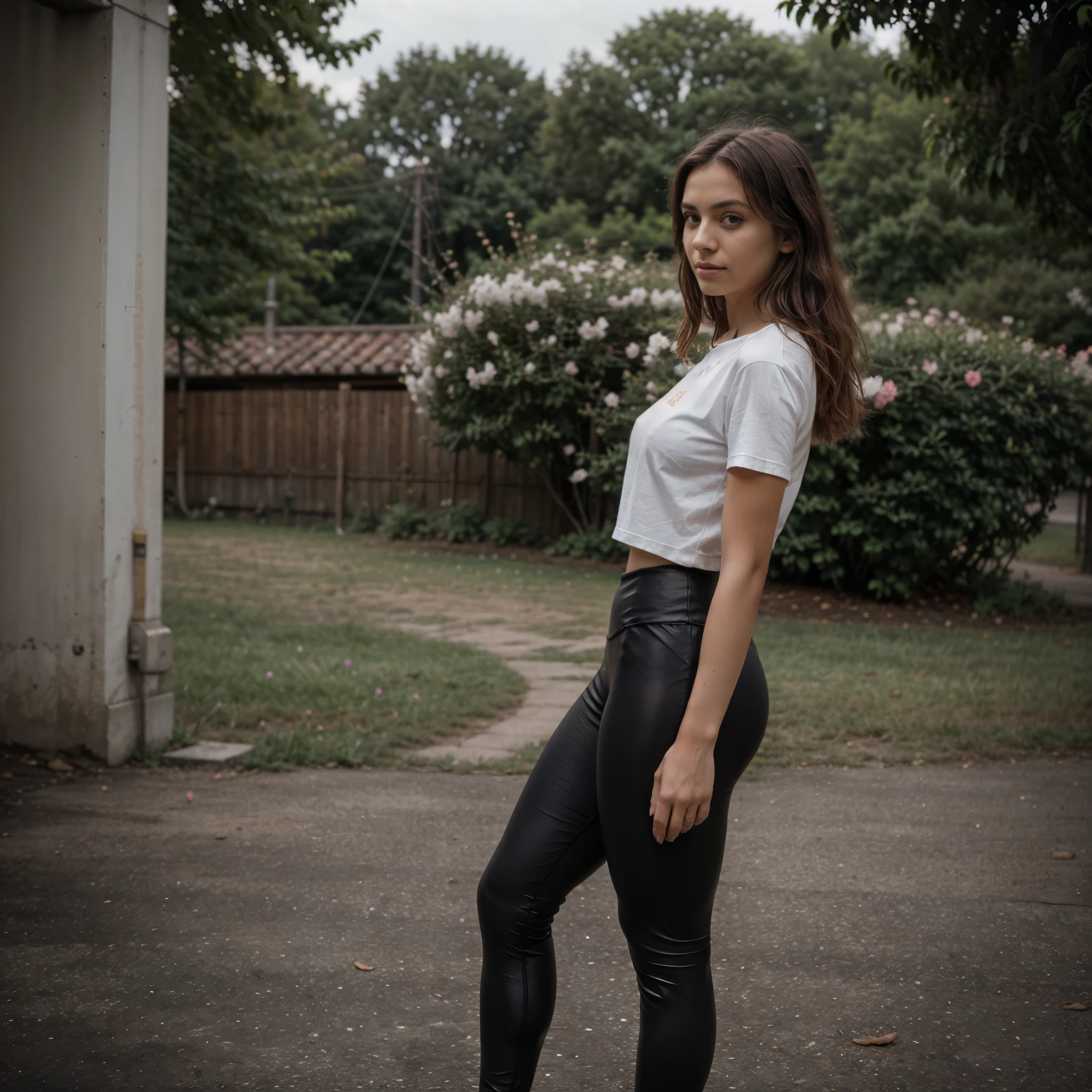 1 girl, ((side view)), (((full body,portrait))), (looking at the viewer:1.2), cute european girl,adult, 30 years old, (coal-black_colored acoaL leggings:1.4), (white tight t-shirt:1.45), RAW, analog, Nikon Z 85mm, ((best quality)), ((masterpiece)), ((realistic)), flower pedals in the air, 4k, spring flowers blooming, god rays, photorealistic, realistic, photorealism, photography, 8k uhd, photography, , clothes are whole and consitant, no text, sunny weather, backgorund blurred, sefie shot, cinematic lighting, motion blur, film grain, very detailed, 30 years, natural wave hair, dark brown eyes, high-res, masterpiece, best quality, intricate details, highly detailed, sharp focus, detailed skin, realistic skin texture, texture, detailed eyes, professional, 4k, 85mm, shallow depth of field, kodak color vision, perfect fit body, extremely detailed, photo_\(ultra\), photorealistic, realistic, post-processing, maximum detail, roughness, real life, ultra realistic, photorealism, photography, 8k uhd, photography (grain of film) medium shot for closeup shot, longer slimer face, perfect face
