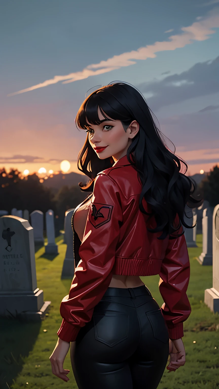 woman, white skin, green eyes, black hair, wavy hair, straight hair, bangs, cemetery, nigth, blood in mouth, red body suit, river of blood, standing, deep neckline, marked nipples on clothing, smiling, looking at camera , red lips, athletic, frontal shot.