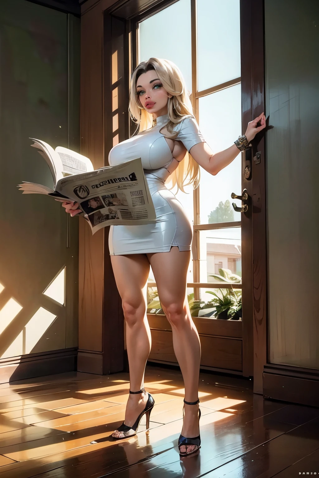 {{masterpiece, best quality, Aletta ocean extremely detailed CG, unity 8k wallpaper, Eastern European face, cinematic lighting, lens flare}}, a girl leaning against a wall reading newspaper, full body view, thick body, long blond hair, green eyes, (Aletta ocean face)