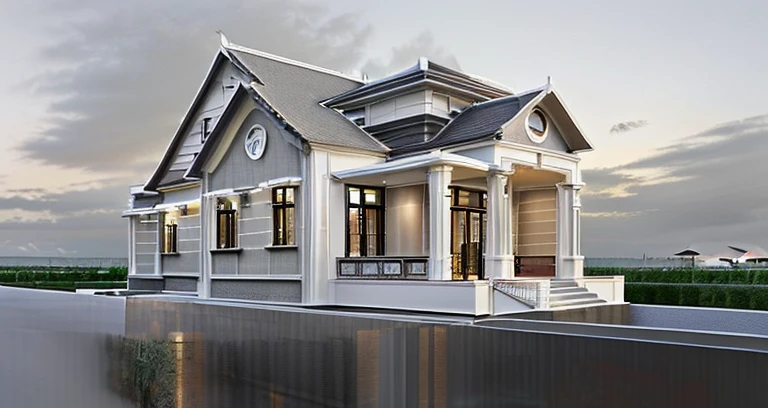 Thai roof tile villa in forest, grey and white wall paint, aluminium glass door and window