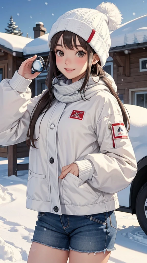 1lady standing, (ski wear, goggle) knit cap, /(stylish outfit/), mature female, /(light brown hair/) bangs, blush kind smile, (masterpiece best quality:1.2) delicate illustration ultra-detailed, large breast BREAK (holding a small snowman adorned with tiny ski goggles and a scarf ) BREAK (snow falling around her:1.2), ski resort outdoors