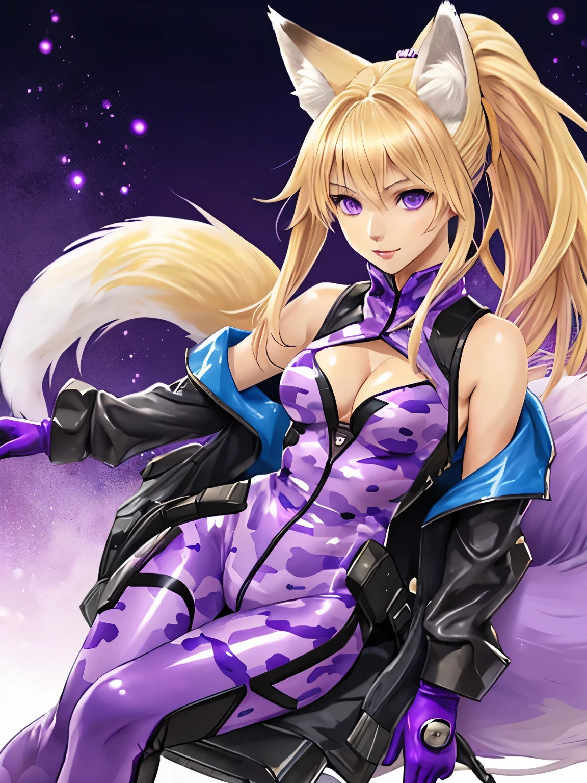 (hyperrealistic), a fox girl with a white fox tail, Sarah Fox, (blonde hair with ponytail), detailed purple eyes, happy, sleeveless purple camouflage Bodysuit, open cleavage, trained body, medium breasts