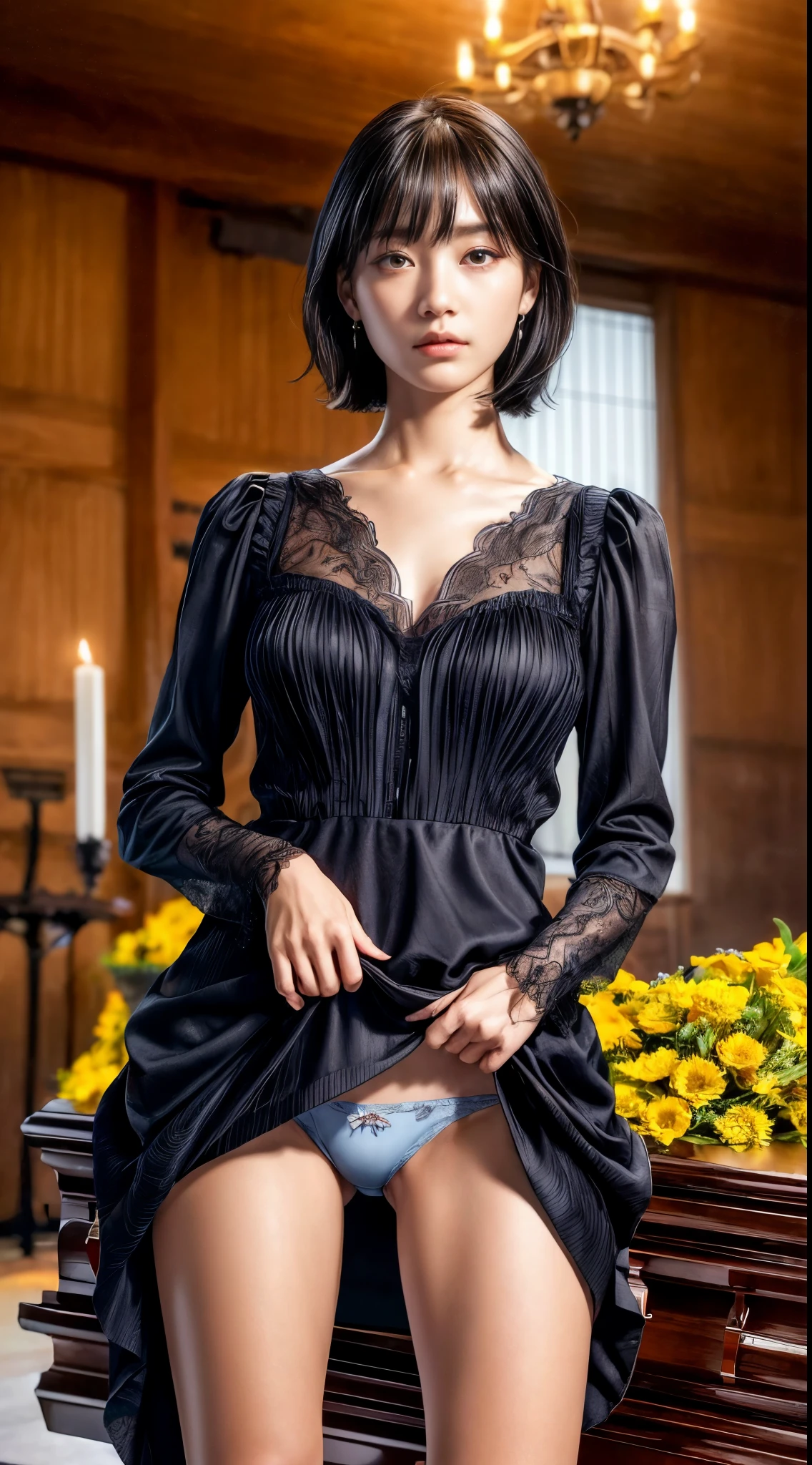 cowboy shot、(short hair with bangs)、black hair、(Trailing hair)、((widow))、((black long sleeve mourning dress))、(((Japanese style room)))、((((funeral))))、black formal wear、highest quality,(RAW photo:1.2)、(realistic:1.4),(High resolution:1.4), 1 girl, written boundary depth,, intricately detailed,8K, very detailed, perfect lighting, epic background、((delicate pictures))，(女の子の詳細なRAW photo),(highest quality:1.6), (超High resolution:1.5), (realistic:1.75), 8K resolution, Canon EOS R5, 50mm,  Super detailed,cinematic lighting,correct finger、sit、((spread legs))、((((skirt lift))))、(Light Blue Panties)、pearl necklace、Pearl Earrings、(clothes that cover the chest)、((There is a coffin))、((Clothing with low exposure))、(A bouquet of chrysanthemums is displayed on the altar.)、(candlestick)、