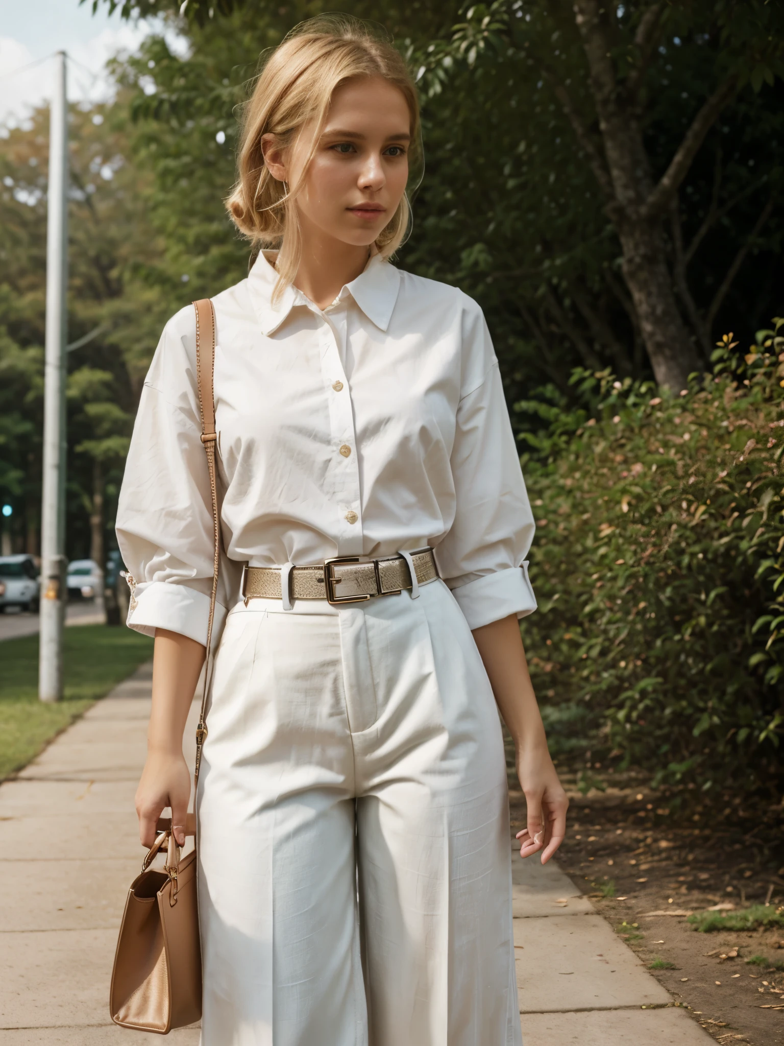 1girl, High-Waisted Wide-Leg Pants, crisp white button-up blouse, metallic finish belt, roomy tote brown bag, gallery festival, outdoors, blond hair, high resolution, shot on iphone,