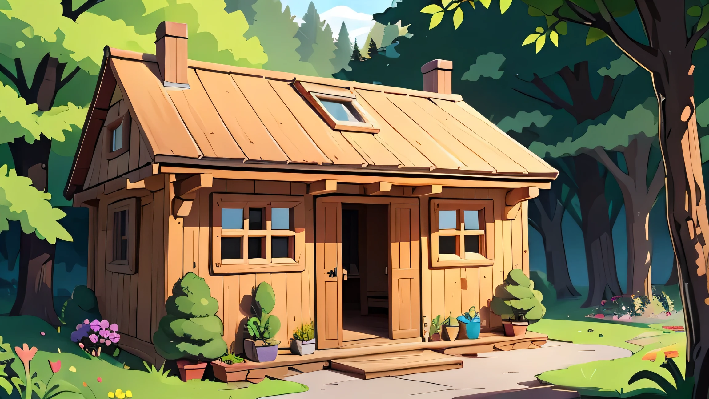fabulosa casa de madeira simples no meio da floresta, chalet style house with exposed wood, muitas flores pela casa, a very rustic wooden entrance door, com um caminho que leva a essa porta, very dense forest scenery