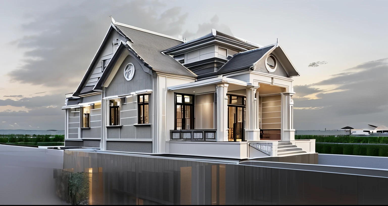 Thai roof tile villa in forest, grey and white wall paint, aluminium glass door and window