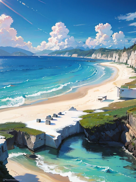 no humanos, escenario, punto de fuga, Desde abajo, obra maestra, Mejor calidad, 8k, absurdos, superficie del agua, playa virgen, verano, mid day, luz de sol, cielo azul, Perspectiva, profundidad de campo, high resolution, finamente detalle, ultra detallado, Sharp focus