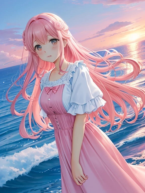 luna rosa, cielo rosa, Nubes rosa pastel, pink waves espumoso, espumoso, Rosas rosadas en Pink Ocean, fancy, Soft lighting, Ultra High Definition, realismo, cinematic effects, Destello de lente, Apertura 16