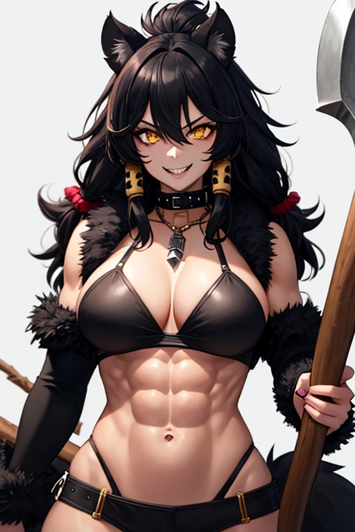 Gnoll woman, woman, Abs, yellow eyes, black fur, spike collar, Gnoll woman, big , big tighs, smile, 4k, hd, pretty face, messy hair, menacing, acurrate eyes, sharp pupils, big smile, wild, scary look, holding an axe, Axe,  with hair with Rastafarian braid, (human head)