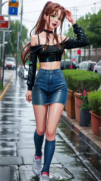 SoakingWetClothes, Masterpiece, highest quality, monika, green eyes, brown hair, very long hair, ponytail, hair ribbon, casual clothes, purple crop top, off shoulder shirt, fishnet sleeves, skirt over jeans, accessories, night, soaking wet clothes, wet hair, wet body, wetlook, soaked, pouring rain, outside, running down the sidewalk, dripping wet, soaked clothes, wet clothes, wet fabric, soaking wet, small breasts, looking at camera, tongue out, mouth open, V sign, full body, shoes