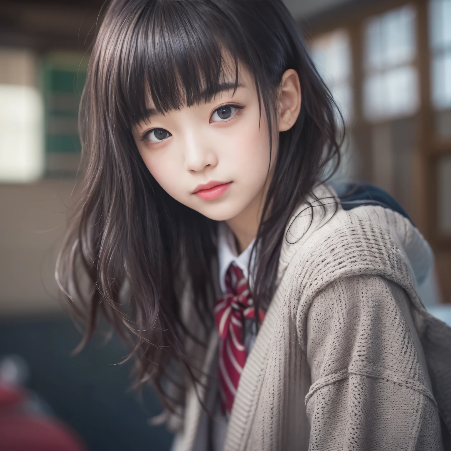 Best-quality, Masterpiece, Ultra-High-Resolution, (Photorealistic:1.4), Raw-Photo, 1girl, 15-years-old, the most famous Japanese idol, at Japanese school, extremely cute face like the most popular Japanese idol, extremely beautiful big-black-eyes, extremely beautiful black-short-cut-haired, extremely beautiful skins, extremely beautiful long-eyelashes, extremely beautiful lips, wearing winter Japanese-school-uniform, looking at viewer, innocent smile, detailed Japanese- school, detailed winter- Japanese-school-uniform