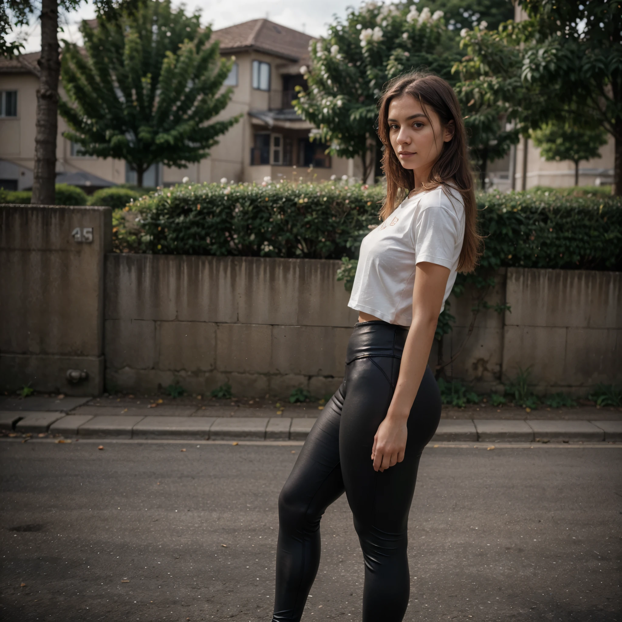 1 girl, ((side view)), (((full body,portrait))), (looking at the viewer:1.2), cute european girl,adult, 30 years old, (coal-black_colored acoaL leggings:1.4), (white tight t-shirt:1.45), RAW, analog, Nikon Z 85mm, ((best quality)), ((masterpiece)), ((realistic)), flower pedals in the air, 4k, spring flowers blooming, god rays, photorealistic, realistic, photorealism, photography, 8k uhd, photography, looking in the camera, middle size breast, sporty slim body, clothes are whole and consitant, no text, sunny weather, backgorund blurred, sefie shot, cinematic lighting, motion blur, film grain, very detailed, 30 years, natural wave hair, dark brown eyes, high-res, masterpiece, best quality, intricate details, highly detailed, sharp focus, detailed skin, realistic skin texture, texture, detailed eyes, professional, 4k, 85mm, shallow depth of field, kodak color vision, perfect fit body, extremely detailed, photo_\(ultra\), photorealistic, realistic, post-processing, maximum detail, roughness, real life, ultra realistic, photorealism, photography, 8k uhd, photography (grain of film) medium shot for closeup shot, longer slimer face, perfect face