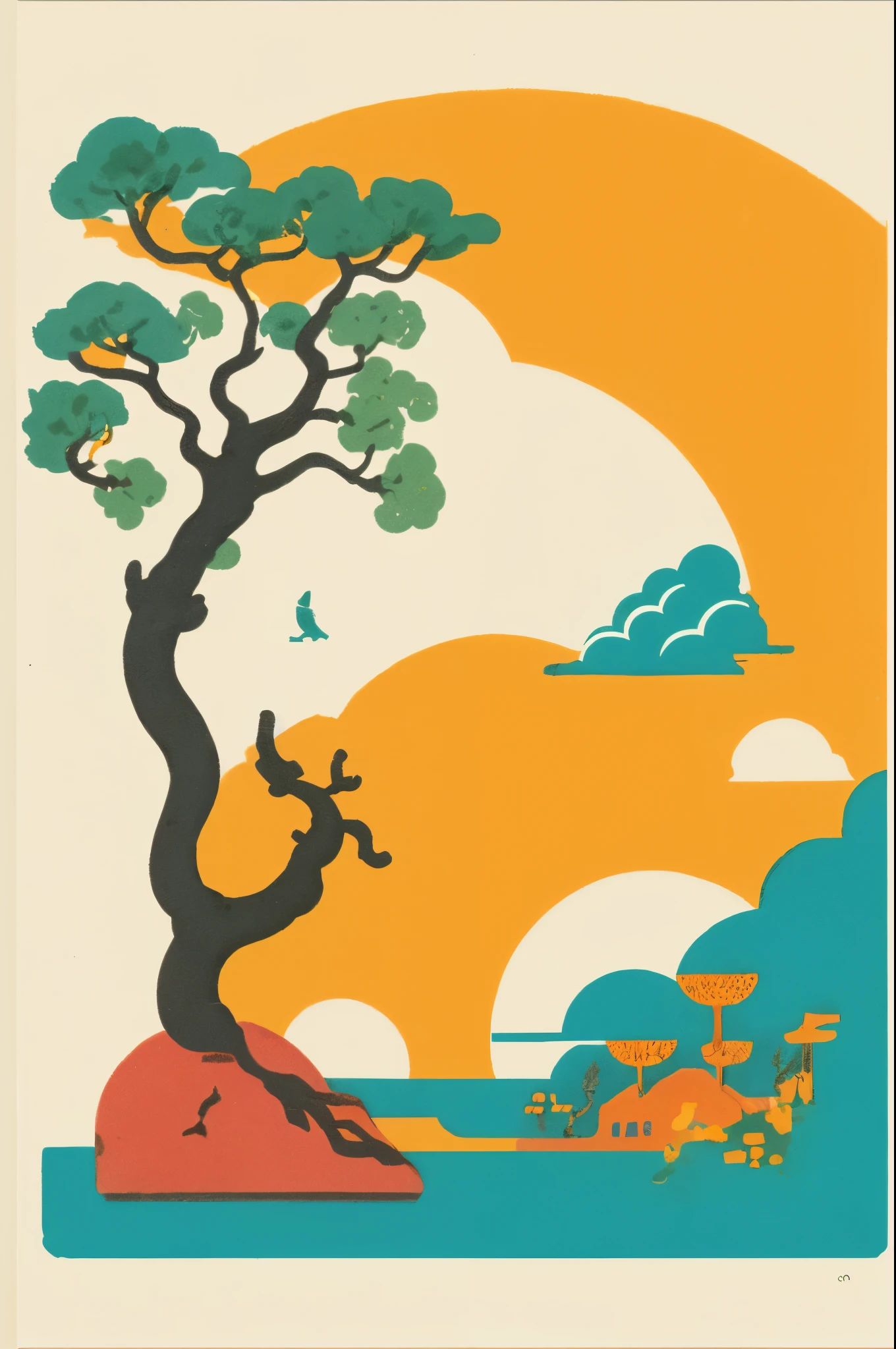 A minimalist, yet strong and bold, illustration of a spotted orange and white cat, on a rich yellow background, with bonsai tree-like teal clouds drifting past, a pink circle of sun, vintage Japanese styled bar and cafe flyer. Worn ink textures, grainy ink roller textures, fine art print, masterpiece of an illustration, lovely print style, reminiscent of the style of Rene Gruau and Saul Bass, illustration, GBH, illustration, landscape, nature, outdoors, painting, watercolor,