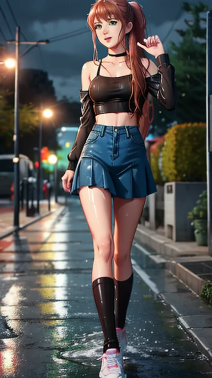 SoakingWetClothes, Masterpiece, highest quality, monika, green eyes, brown hair, very long hair, ponytail, hair ribbon, casual clothes, purple crop top, off shoulder shirt, fishnet sleeves, skirt over jeans, accessories, night, soaking wet clothes, wet hair, wet body, wetlook, soaked, pouring rain, outside, running down the sidewalk, dripping wet, soaked clothes, wet clothes, wet fabric, soaking wet, small breasts, looking at camera, tongue out, mouth open, V sign, full body, shoes, breast grab,