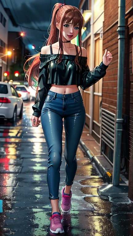 SoakingWetClothes, Masterpiece, highest quality, monika, green eyes, brown hair, very long hair, ponytail, hair ribbon, casual clothes, purple crop top, off shoulder shirt, fishnet sleeves, skirt over jeans, accessories, night, soaking wet clothes, wet hair, wet body, wetlook, soaked, pouring rain, outside, running down the sidewalk, dripping wet, soaked clothes, wet clothes, wet fabric, soaking wet, small breasts, looking at camera, tongue out, mouth open, V sign, full body, shoes, breast grab,