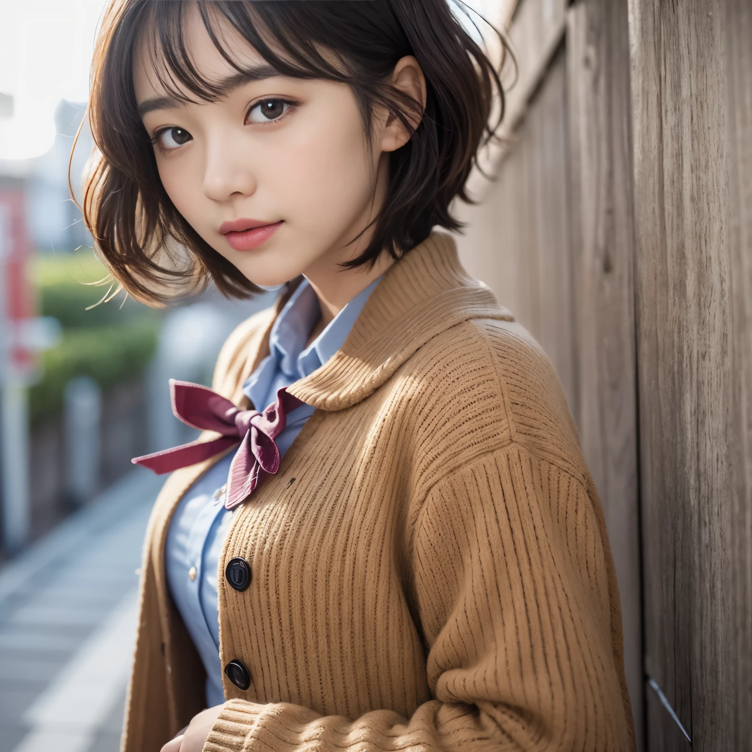 Best-quality, Masterpiece, Ultra-High-Resolution, (Photorealistic:1.4), Raw-Photo, 1girl, 15-years-old, the most famous Japanese idol, at Japanese school, extremely cute face like the most popular Japanese idol, extremely beautiful big-black-eyes, extremely beautiful black-short-cut-haired, extremely beautiful skins, extremely beautiful long-eyelashes, extremely beautiful lips, wearing winter Japanese-school-uniform, looking at viewer, innocent smile, detailed Japanese- school, detailed winter- Japanese-school-uniform