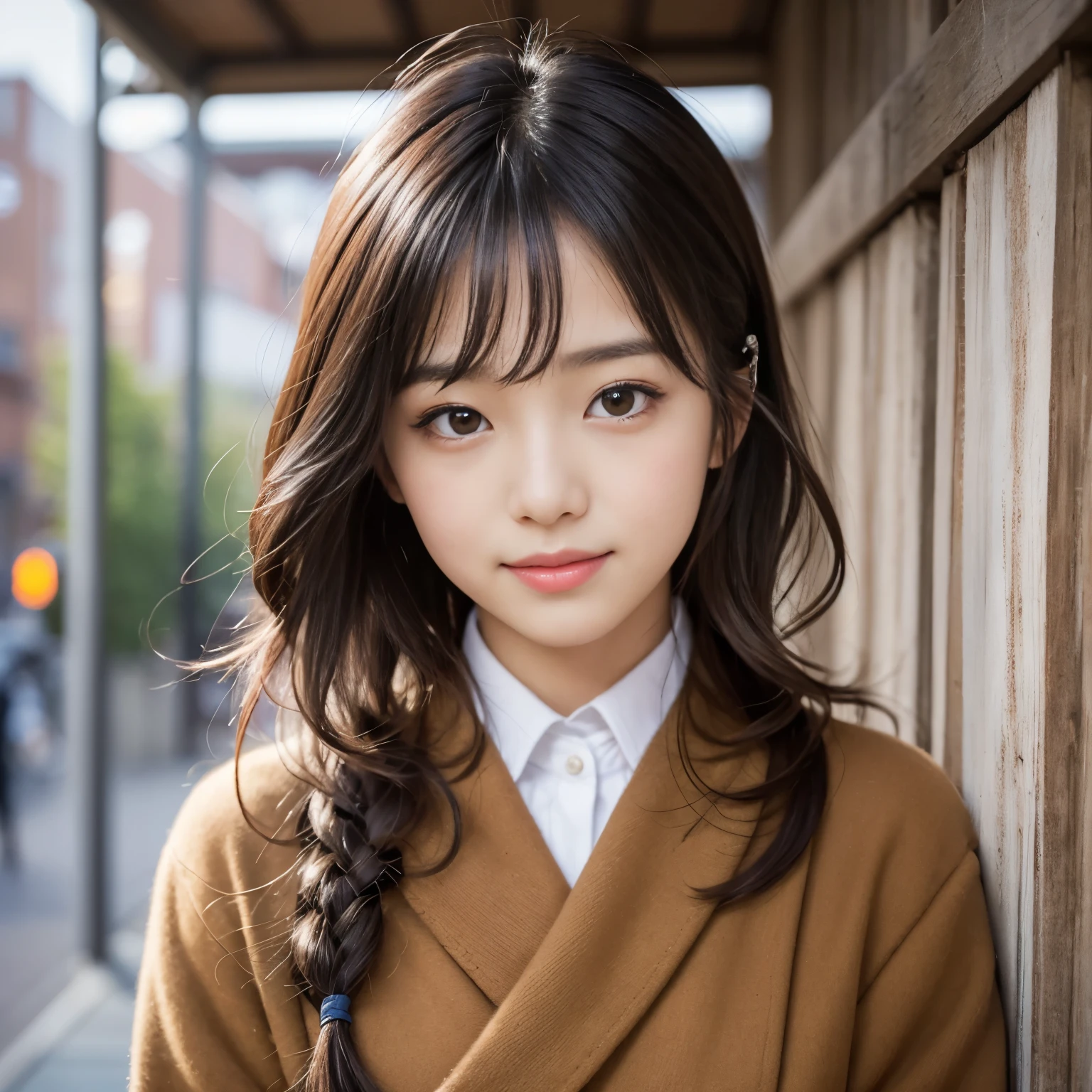 Best-quality, Masterpiece, Ultra-High-Resolution, (Photorealistic:1.4), Raw-Photo, 1girl, -yeld, thost famous Japanese idol, at Japanese school, extremely cute face like the most popular Japanese idol, extremely beautiful big-black-eyes, extremely beautiful black-short-cut-haired, extremely beautiful skins, extremely beautiful long-eyelashes, extremely beautiful lips, wearing winter Japanese-school-uniform, looking at viewer, innocent smile, detailed Japanese- school, detailed winter- Japanese-school-uniform