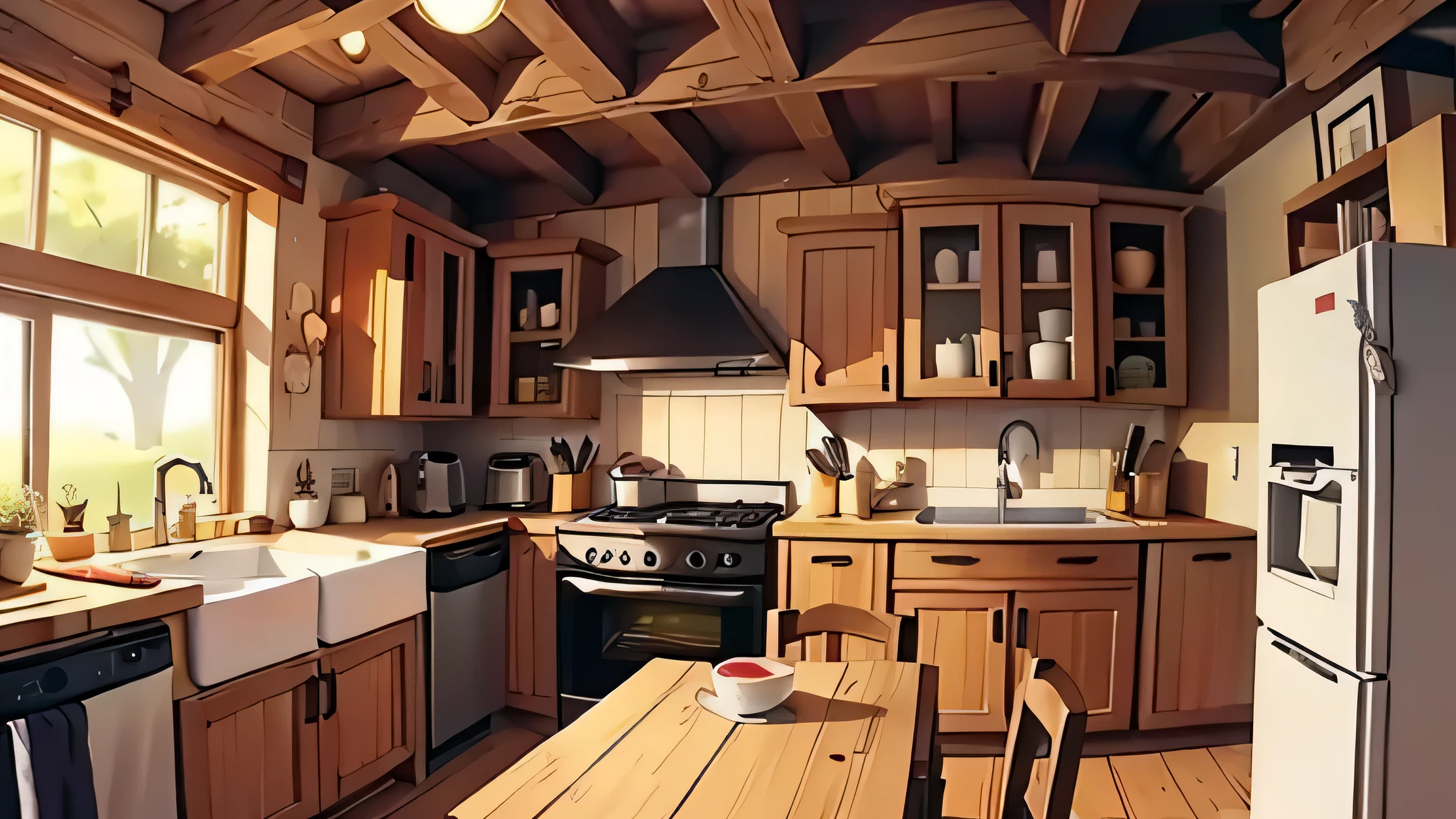 cena de cozinha fabulosa, parecendo uma cena de desenho animado, very rustic details, talheres de madeira, cozinha simples, estilo muito antigo, grandma's kitchen, muitos detalhes e muitas rendas, old stove