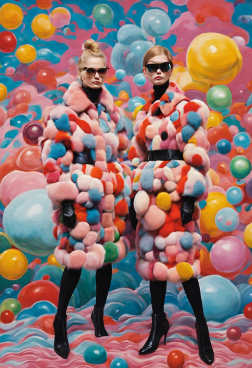 models wearing colorful print conceptual comme de garcon fashion in a a weird vibrant landscape of fur and bubbles. Surreal painting. Style of picasso and jeff koons.