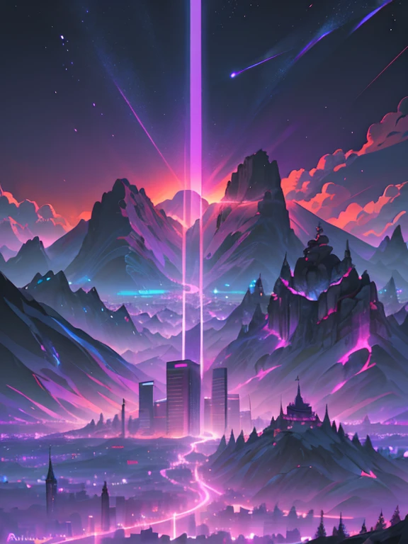 microondas. ciudad, , kit de cuerpo ancho, camino,  purple neon lights, sol, mountain, 
(obra maestra,detallado,high resolution),